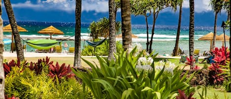 Ocean, beach and pool view lanai! - Watch the whales breach from your lanai with dining table, chaise lounge and end table!