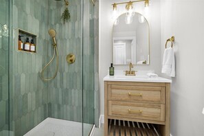 Bathroom #1 on main level.  Shampoo, Conditioner, bodywash, poo pourri, etc.!