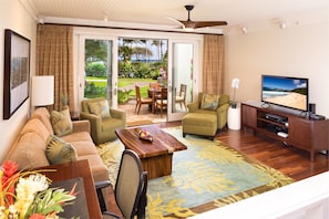 Living room with ocean view! - with pull-out memory foam sofa bed and 55" SMART TV and ceiling fan.