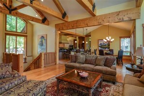 Open concept main floor with no steps between living, dining, kitchen and den.