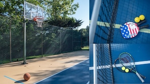 Sports court for pickleball, tennis, or half court baseketball.  Sport eqt provided, and a bench on the court for cheering fans. Also a fun space to skateboard, ride a razor, let the littles play ball in a fenced in space.  Court is partly shaded.  