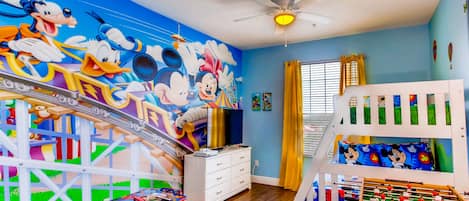 Bunk bed, foosball table, 50" 4K TV, X Box One S  & a view of Disney fireworks!