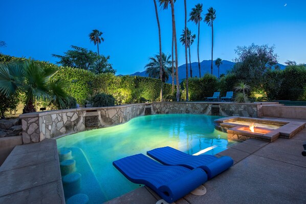 Saltwater Pool with Four Bar Stools, Three Waterfalls, Fire Pit & Sunken Kitchen