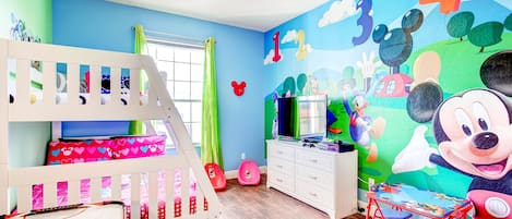 Mickey themed room with 48" Smart TV, XBox One & games, bunk bed, toys & more