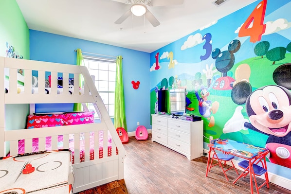 Mickey themed room with 48" Smart TV, XBox One & games, bunk bed, toys & more