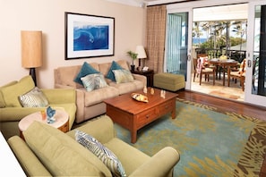 Living room with ocean view! - with pull-out gel memory foam sofa bed and 75" SMART TV and ceiling fan.