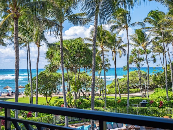 Ocean and beach view lanai! - Watch the whales breach from your lanai with dining table, chaise lounge and end table!