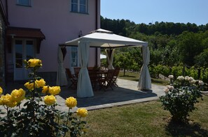 gazebo, roses and entrance of the apartment