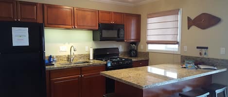 New kitchen, granite counters, fridge, gas stove-everything to make great meals