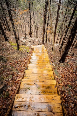 A moderate hike with a few sets of stairs gets you down to the lake.