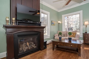 Gas fireplace and flat screen TV in living room