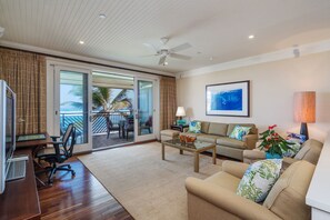 Living room with ocean view! - with pull-out gel memory foam sofa bed and 75" SMART TV and ceiling fan.