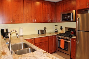Gas stove, Convection Microwave Oven, Full size Fridge and Dishwasher