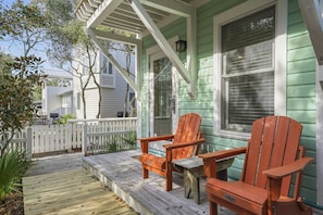 PERFECT FRONT PORCH W/2 ADIRONDACK CHAIRS FOR MORNING COFFEE