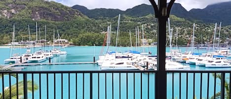 180 degree view from Veranda on the Eden Island Deep Water Marina and Mahé .