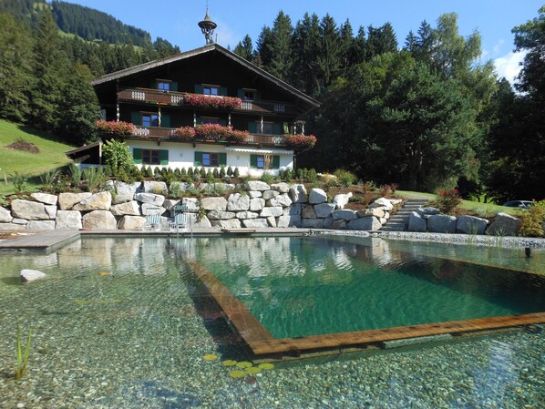 Haus im Sommer mit Naturschwimmteich