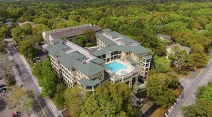 Aerial view of North Shore Place showing the rooftop pool and hottub.