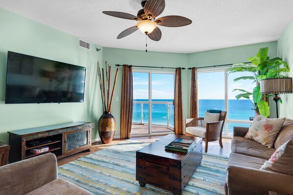 65 inch Smart TV in living room overlooking the Gulf of Mexico and Beach