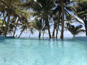 The new infinity swimming pool has an amazing visual effect from the water level