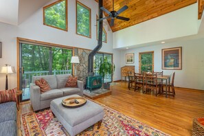 View from front door of living room and dining area.