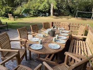 Outdoor dining area and view of read garden