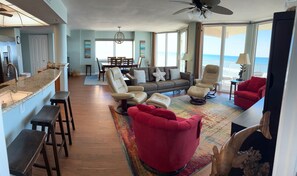 Panoramic view of kitchen, living dining.
