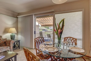 Indoor dining in the the living area for four people