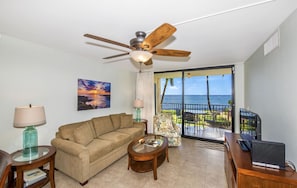 Lanai view from living room with sofa bed.