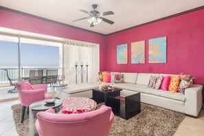 The living room takes advantage of the views.