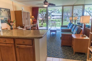 Open concept kitchen which creates a bright and airy ambience.