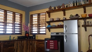 Kitchen Area with lagoon and pool deck view through windows