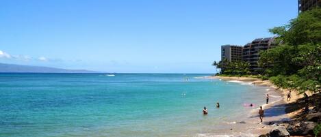 'S' turns beach is directly across the street from the Kahana Villa complex.