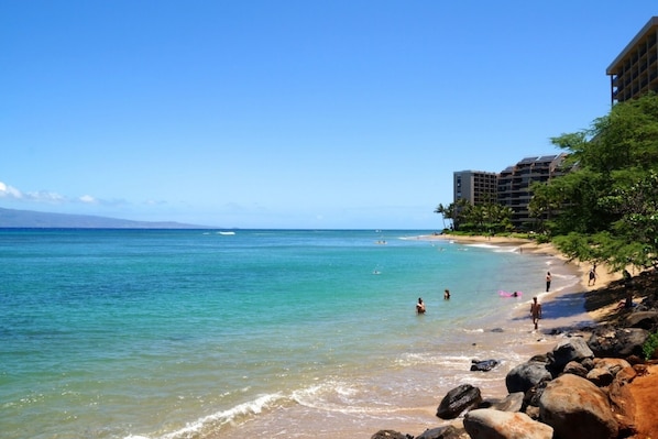 'S' turns beach is directly across the street from the Kahana Villa complex.