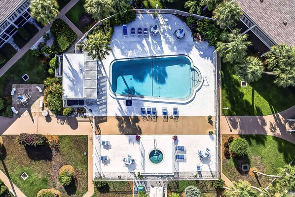 Aerial view of Kingston Arms complex heated pool with spa.  There's a charcoal grill and dining table available too....