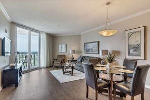 Great room with living and dining spaces