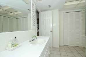 Spacious en suite master bath (shower only) w/dual sinks and dual closets.