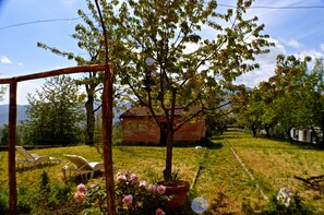 the garden is spacious 
with mature fruit trees and a beautiful 360 degree view