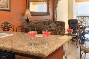 Cocktails are served on the kitchen counter