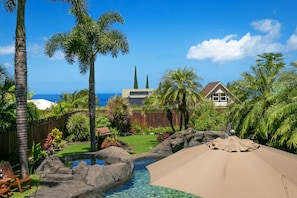 Tropical Landscaping Surrounding The Pool And Hot Tub
