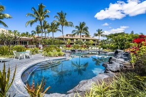 Gated heated pool and hot tub just a short walk from villa.