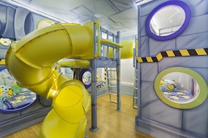 Minion themed kids room with spiral slide and tunnel!