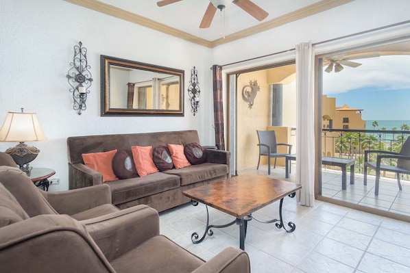 Living room with comfy seating and great views