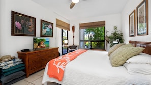 Primary bedroom with King bed, TV and Ceiling Fan