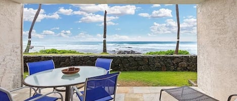 Lanai with seats and ocean views