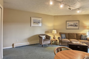 Living Room - This comfortable living room includes a sleeper sofa couch, a chair with a ottoman footrest.