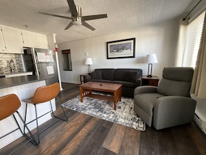 Kick back on the comfortable sleeper sofa! Guest Review from Jessica Gardner: "This place was such a great find! The remodel really shows—everything felt fresh and stylish but still super comfortable & the location was amazing!"