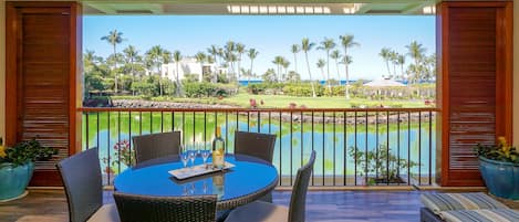 Spacious Lanai with Views of the Mauna Lani's Royal Fishponds