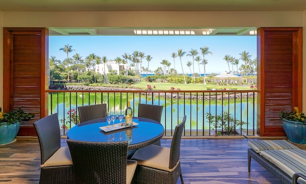 Spacious Lanai with Views of the Mauna Lani's Royal Fishponds