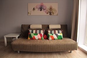 Sofa with lots of cushions. It can also open up as a good sized double bed.