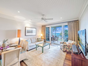 Dining and living room with ocean view! - 50" SMART TV and ceiling fan! Sofa sleeper has gel memory foam mattress! (or just memory foam mattress for 102, 217, and no metion of the mattress in 317) - 60" TV in 317 ( I think)
